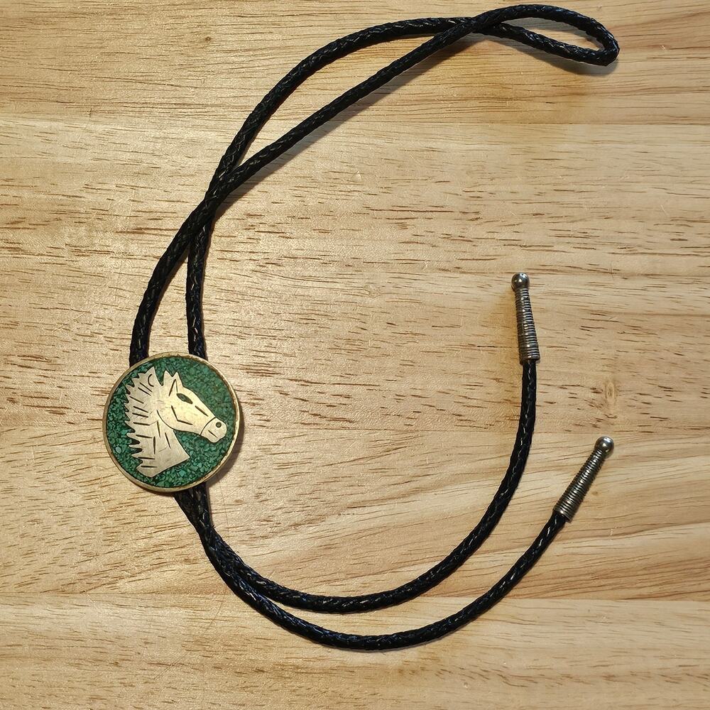 Vintage Alpaca Silver Bolo Tie with Horse inlaid in Crushed Turquoise